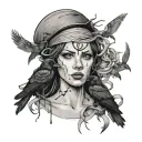 a woman's severed head with crows surrounding it holding a single ribbon tattoo design idea