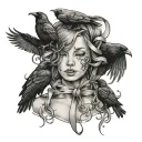 a woman's severed head with crows surrounding it holding a single ribbon tattoo design idea