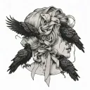 a woman's severed head with crows surrounding it holding a single ribbon tattoo design idea