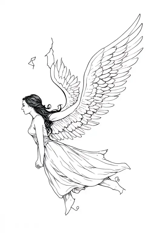 female angel falling with broken wings including the phrase "lonely and forgotten is the muse" tattoo design idea