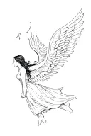 female angel falling with broken wings including the phrase "lonely and forgotten is the muse" tattoo design idea