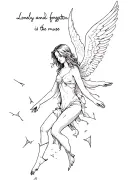 female angel falling with broken wings including the phrase "lonely and forgotten is the muse" tattoo design idea