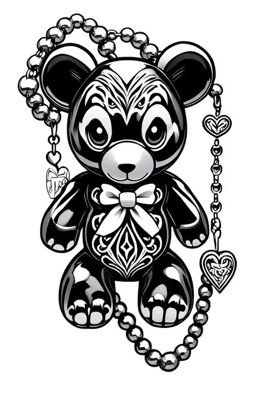 chrome hearts, kaws bear, rosary beads, bow, tattoo design idea