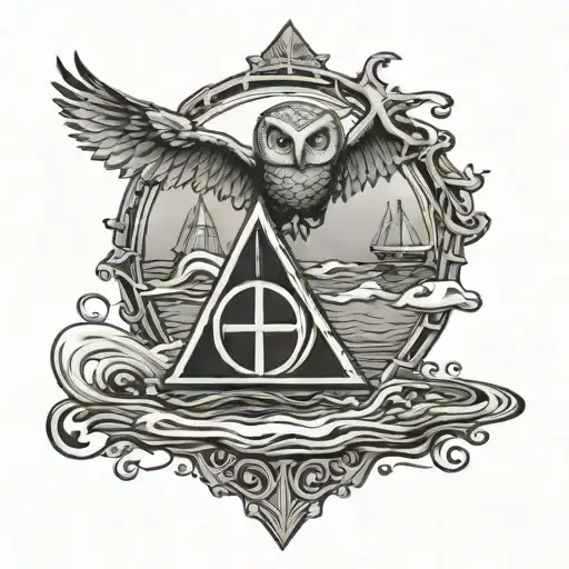  Deathly Hallows symbol as a pendant in rippling water. The chain is held by Hedwig, the owl, flying above the water tattoo design idea