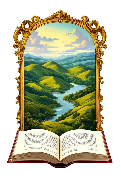 open book below rolling hills with simple baroque gold frame tattoo design idea