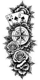 filigree design with playing cards, compass and roses tattoo design idea