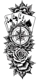 filigree design with playing cards, compass and roses tattoo design idea