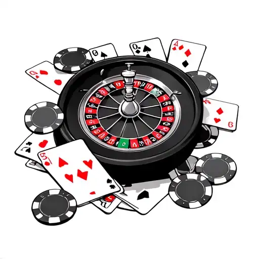Roulette wheel, cards, chips scattered tattoo design idea