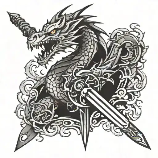 dragon wrapped around a sword with flames right arm tattoo design idea