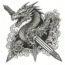 dragon wrapped around a sword with flames right arm tattoo design idea
