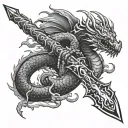 dragon wrapped around a sword with flames right arm tattoo design idea