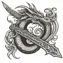 dragon wrapped around a sword with flames right arm tattoo design idea