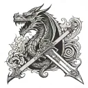 dragon wrapped around a sword with flames right arm tattoo design idea