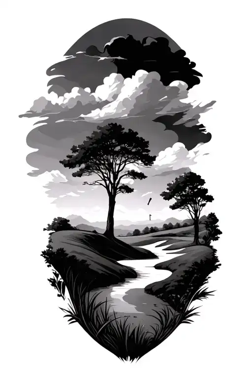 full sleeve tattoo design featuring golf course landscape tattoo design idea