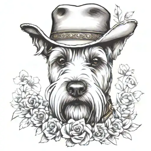 wheaten schnauzer with cowgirl hat and brown eyes and a collar with flowers looking to the side with western background tattoo design idea