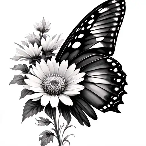 combined butterfly and aster flower as wing tattoo design idea