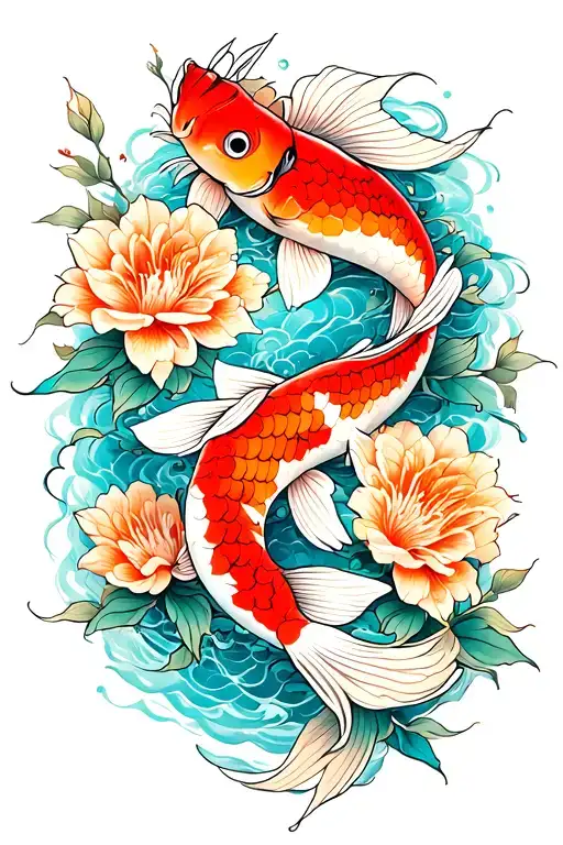 koi fish and flowers tattoo design idea