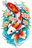 koi fish and flowers tattoo design idea