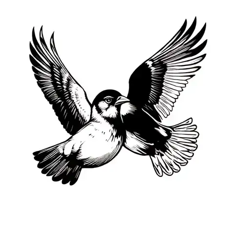 two sparrows flying together, one outlined and one traditional black tattoo design idea