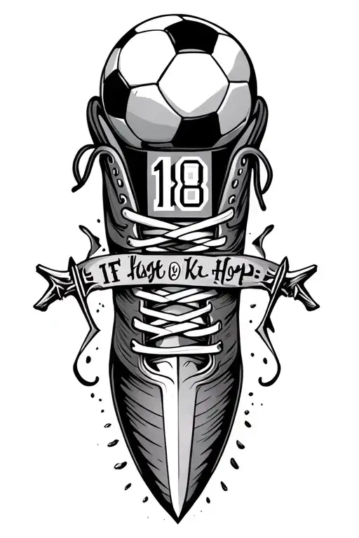 A tattoo of a soccer shoe with a soccer ball on top, the number 18, a broken sword, and the word hope. tattoo design idea