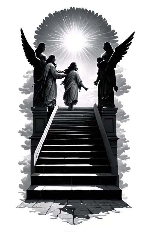 stairway to heaven walking up stairs angels sun rays clouds heaven gate at the top of the stairs  tattoo design idea