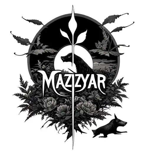 A complex design of the word Maziyar combined with nature or animals tattoo design idea