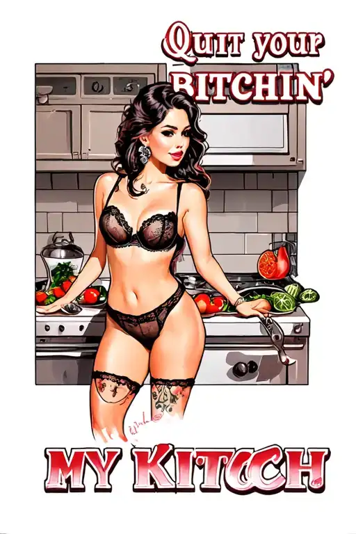 "Quit your bitchin’ in my kitch" pin up girl in lingerie in kitchen cooking tattoo design idea