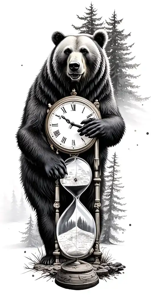 realism black and grey bear hunting on backgroundnwith trees, landscape, maps, hourglass and arms of a clock  tattoo design idea