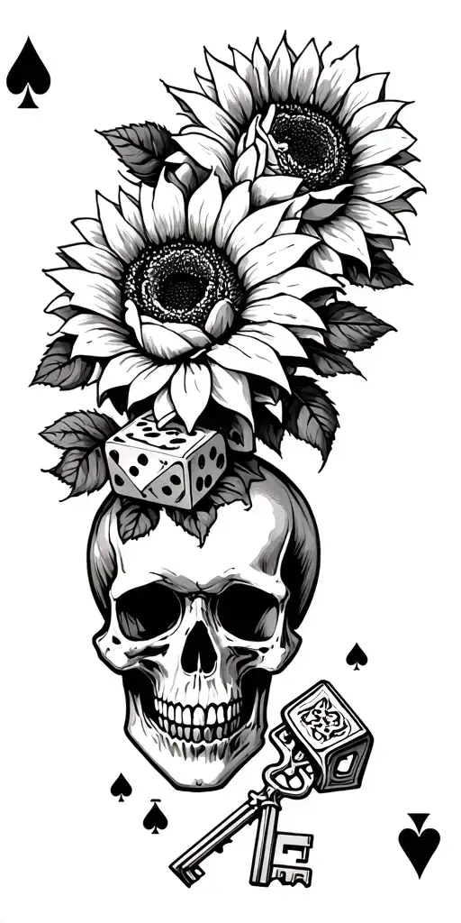 Dice skull roses sunflower ace card broken key crown all flowing down while arm tattoo design idea