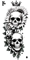 Dice skull roses sunflower ace card broken key crown all flowing down while arm tattoo design idea
