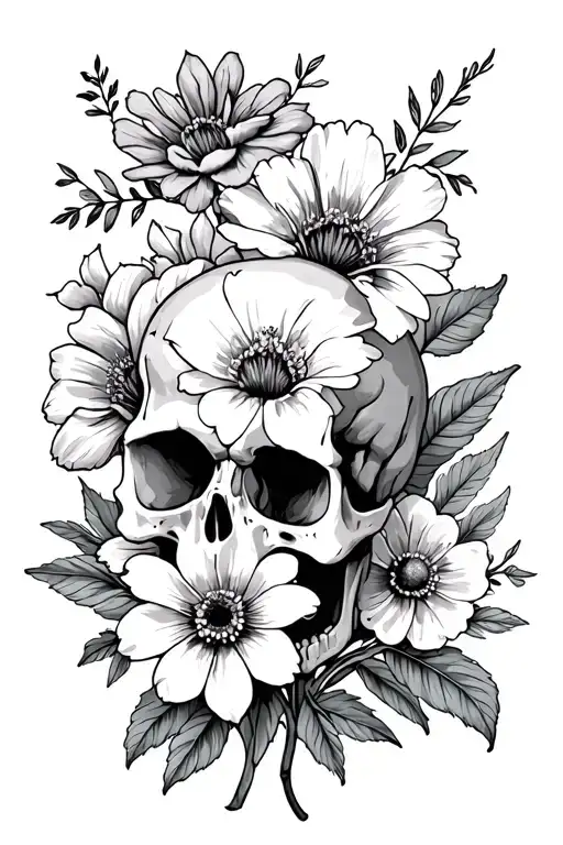 September, August, March and May birth flowers with skull tattoo design idea