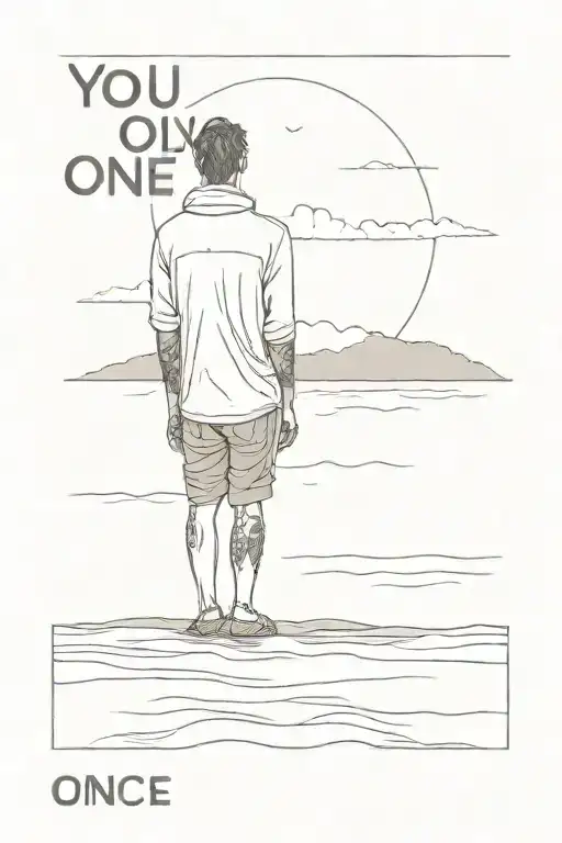 a man on a beach watching the sunset with the quote 'you only live once' tattoo design idea