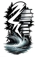 A stylized lightning bolt intertwined with a flowing river and a stack of books, symbolizing the power of nature and knowledge tattoo design idea