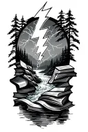 A stylized lightning bolt intertwined with a flowing river and a stack of books, symbolizing the power of nature and knowledge tattoo design idea