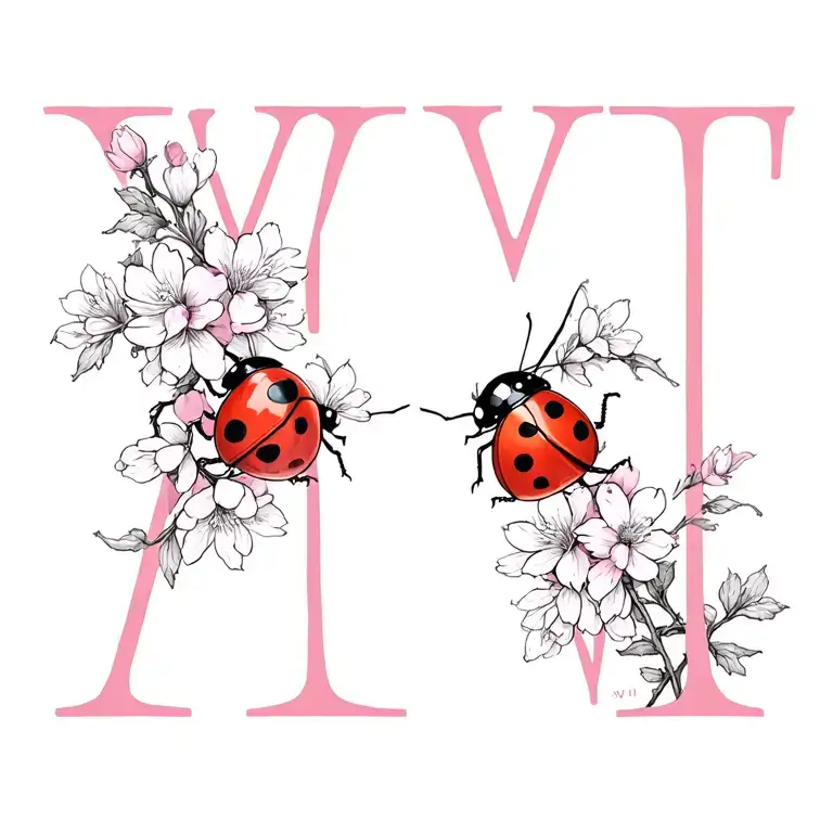 "XIV VII" sakura flowers with the letter M and the letter T as well as 2 ladybugs face to face kissing each other tattoo design idea