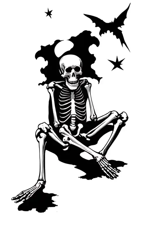 sad skeleton stargazing alone tattoo design idea