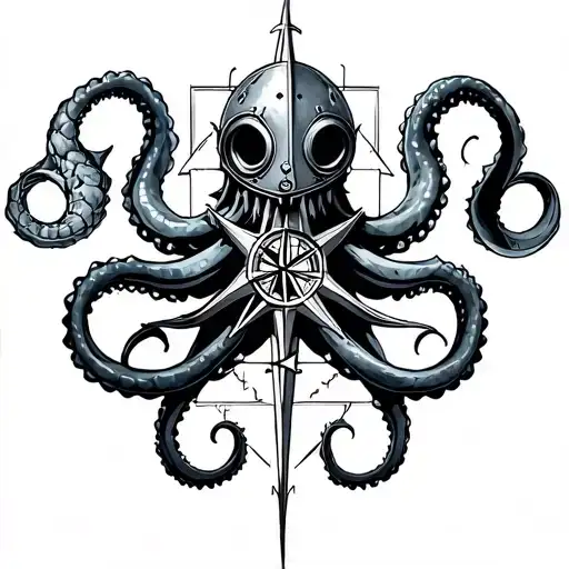 kraken, compass, helm, atlantis tattoo design idea