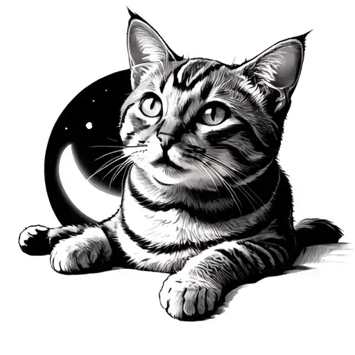 orange tabby cat laying looking up at moon tattoo design idea