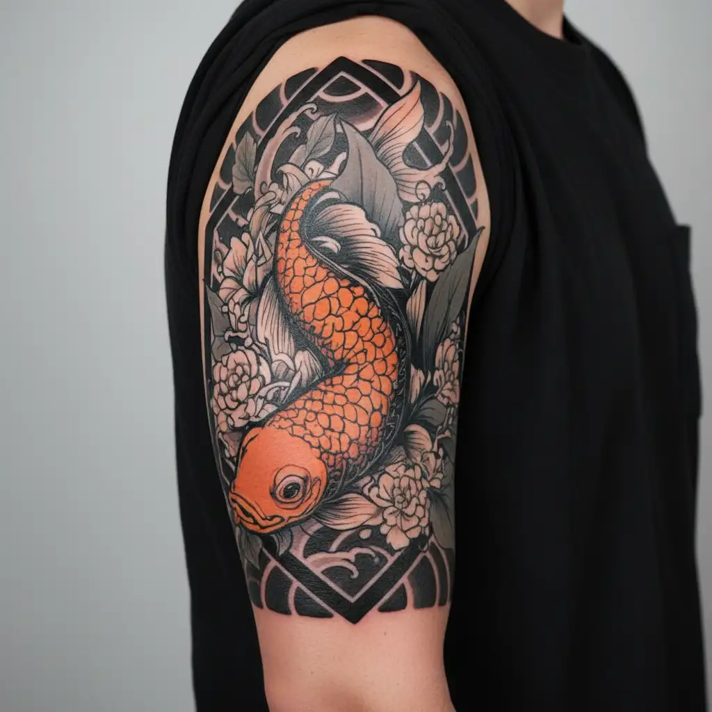 a koi fish surrounded by a flower engulfed in human ribs  tattoo design idea