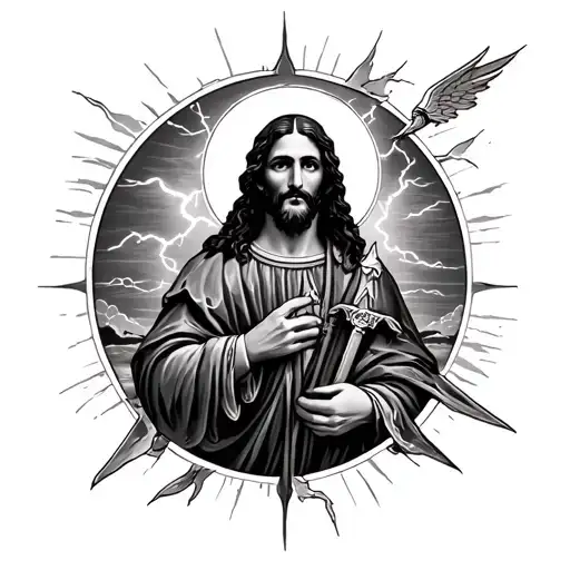 saint Jude and mission San Luis Rey and thunderstorm  tattoo design idea