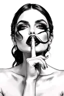 Realistic woman, eyes hidden, finger to lips in 'shh' pose, mysterious and tattoo design idea