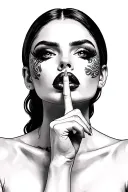 Realistic woman, eyes hidden, finger to lips in 'shh' pose, mysterious and tattoo design idea