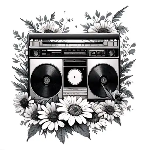 Vinyl record with boombox and wildflowers tattoo design idea