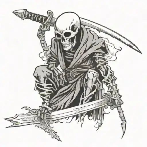 Sketch of tattoo sideways view, skeleton in black robe, sword in one hand, scales in the otherOn the background of trib tattoo design idea