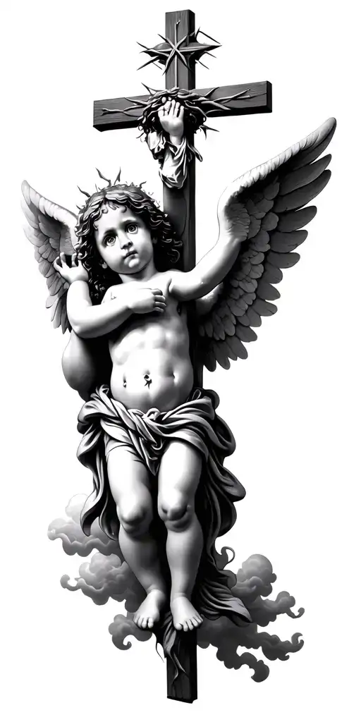a baby angel with wings holding a Jesus cross with god with thorns around his head and the  clouds at the top  tattoo design idea