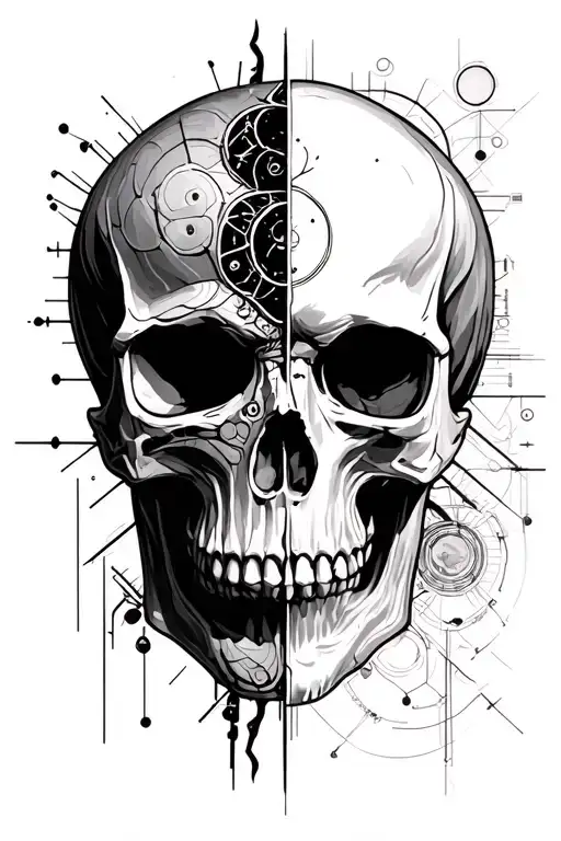 split skull mixing historical scientific research and modern technology tattoo design idea