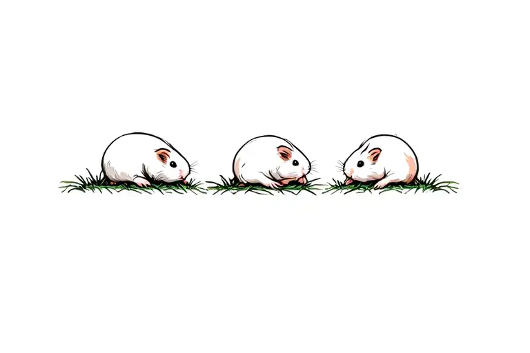 3 guinea pigs in a line, right one laying down eating grass, middle one on hind paws, and left one facing forward tattoo design idea