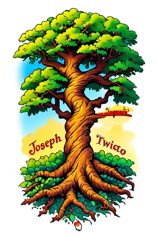 Multicoloured tree with the name Joseph twisting up the trunk tattoo design idea
