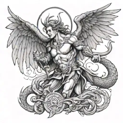 Create an image of A full arm sleeve tattoo with arch angel st michael on the forearm fighting a dragon on the upper arm tattoo design idea