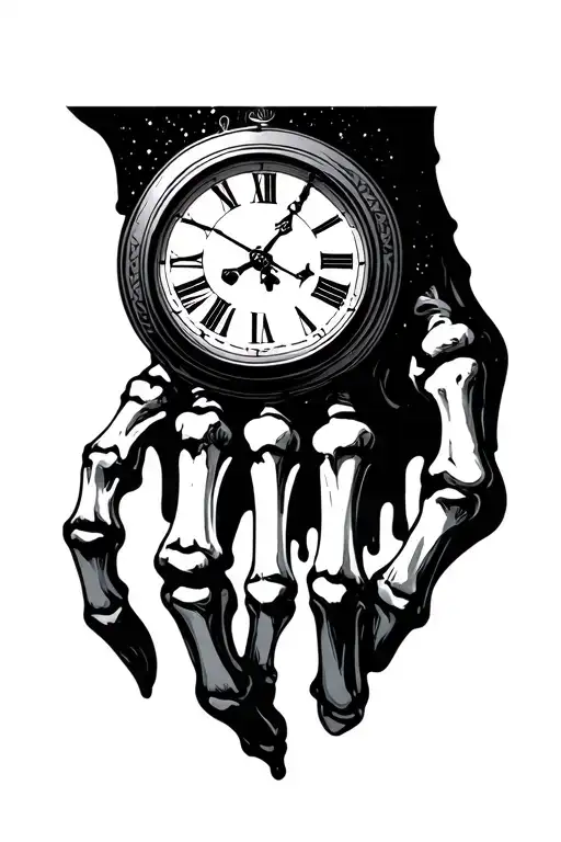 back right hand with half full skeleton hand with the fingers with a melting Roman number clock on one half of the hand tattoo design idea